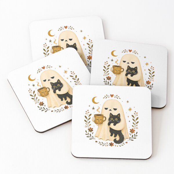 Item preview, Tired Ghost With Black Cat Coffee Meh Funny Introvert Halloween designed and sold by Rahamkshop.