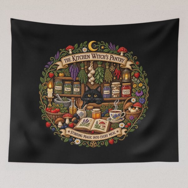 Item preview, Kitchen Witch Embroidery – Magical Herb Pantry, Black Cat & Mushrooms designed and sold by Emoji Emblems.