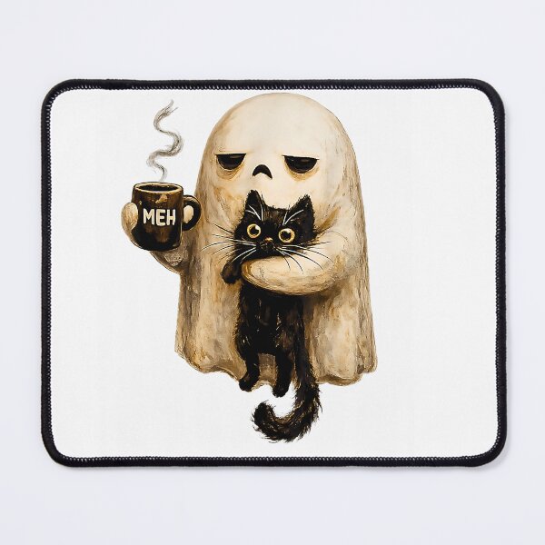 Item preview, Tired Ghost With Black Cat Coffee Meh Funny Introvert Halloween designed and sold by Rahamkshop.