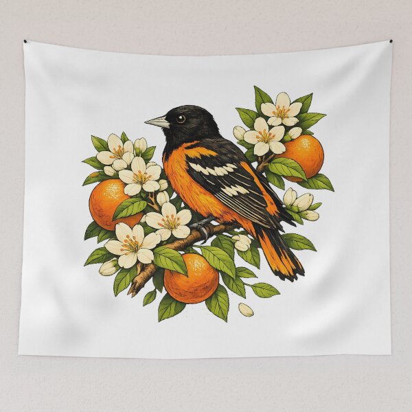 Item preview, Baltimore oriole among orange blossoms designed and sold by Daily Quirk.