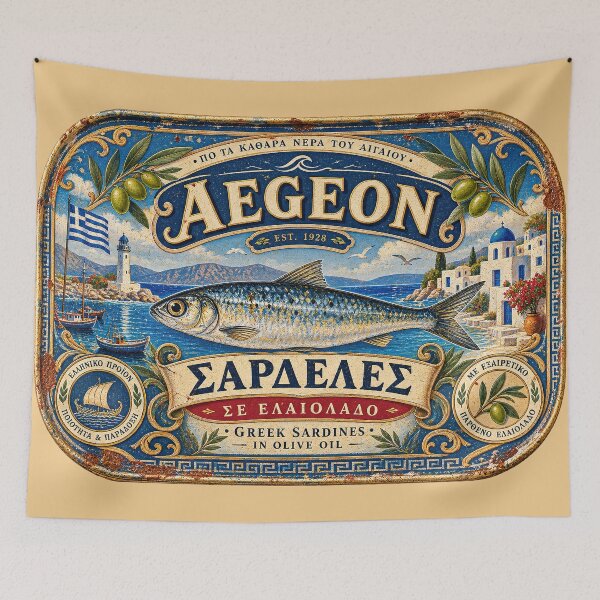 Item preview, Vintage Greek Aegean Sardine Tin Label designed and sold by newnomads-art.