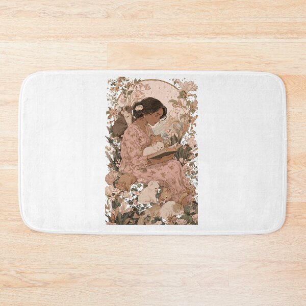 Item preview, A beautiful mom is reading a book in a flower garden  designed and sold by lakanarivas.