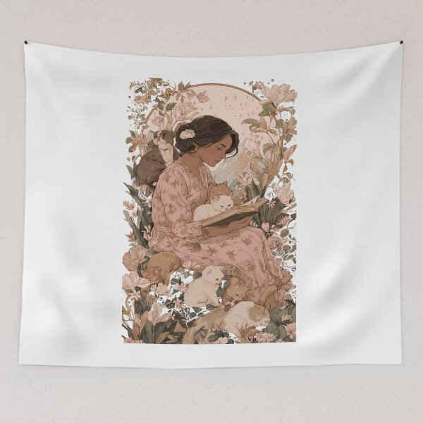 Item preview, A beautiful mom is reading a book in a flower garden  designed and sold by lakanarivas.