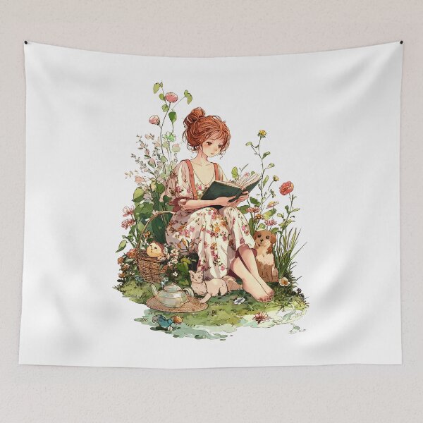 Item preview, cute girl reading book cottagecore designed and sold by lakanarivas.