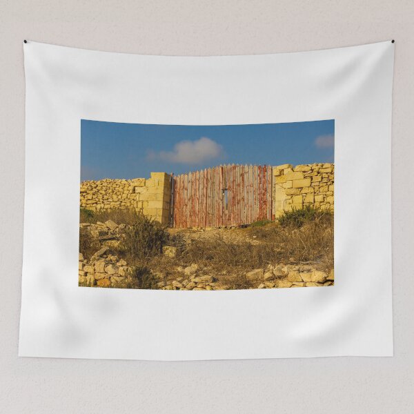 Item preview, Rustic Red Wooden Gate Set in Sunlit Stone Wall on a Dry Mediterranean Countryside designed and sold by Nmallia.