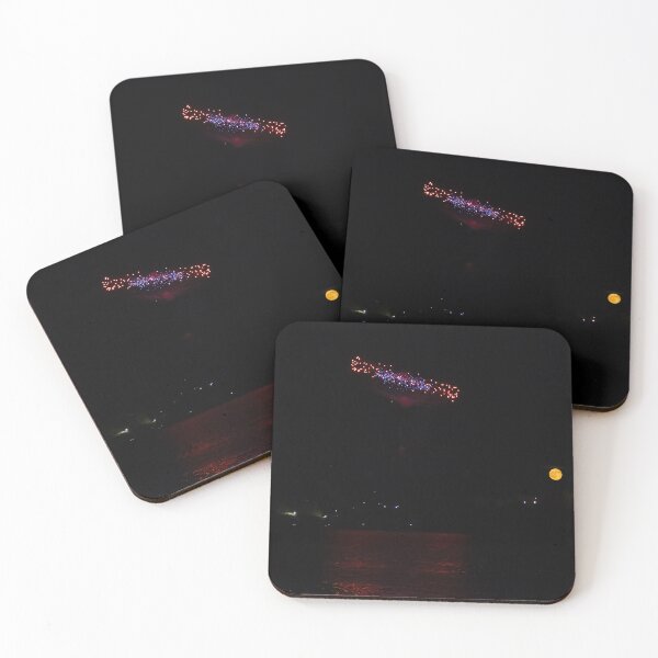 Item preview, Fireworks Over Coastal Water With Full Moon And Red Reflection In Night Sky designed and sold by Nmallia.
