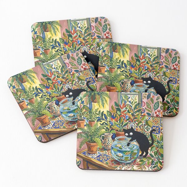 Item preview, Curious Black Cat Dipping Paw in Water Lily Bowl Matisse Print designed and sold by DuckOddity.