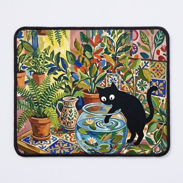 Item preview, Curious Black Cat Dipping Paw in Water Lily Bowl Matisse Print designed and sold by DuckOddity.