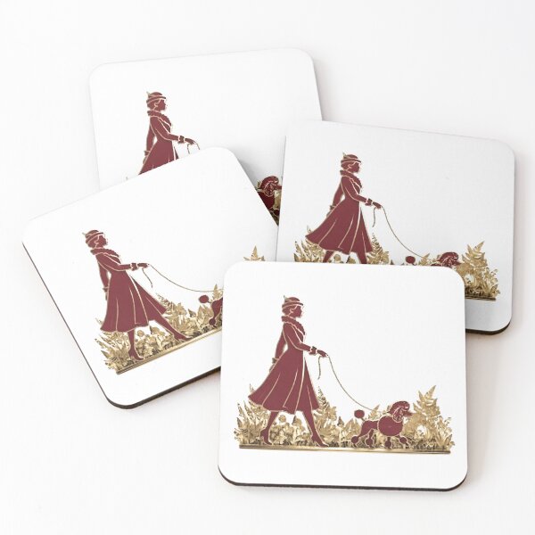 Item preview, Stylish Woman Walking Poodle - Red with Gold Accents designed and sold by mediafreespirit.