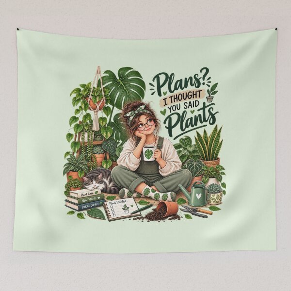 Aperçu de l'œuvre Plans? I Thought You Said Plants – Design humoristique pour amoureux des plantes créée et vendue par Foxglow Studio.