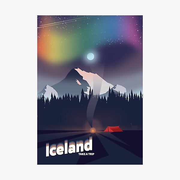 Iceland Northern lights travel poster. Photographic Print