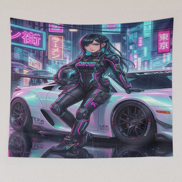 Item preview, Artwork of a pearl white cyberpunk car and an anime girl designed and sold by JMAVILA ART.
