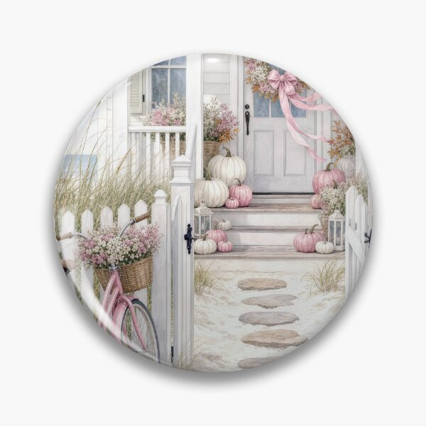 Item preview, White Beach Cottage with Pink Autumn Pumpkins designed and sold by Maria Dryfhout.