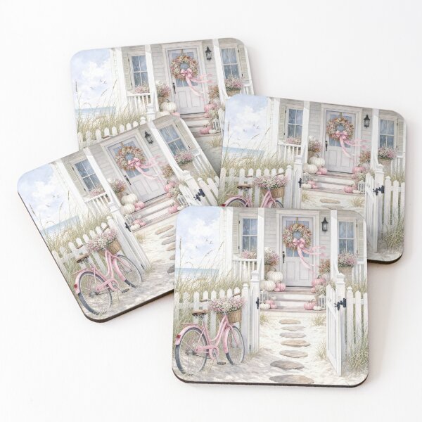 Item preview, White Beach Cottage with Pink Autumn Pumpkins designed and sold by Maria Dryfhout.
