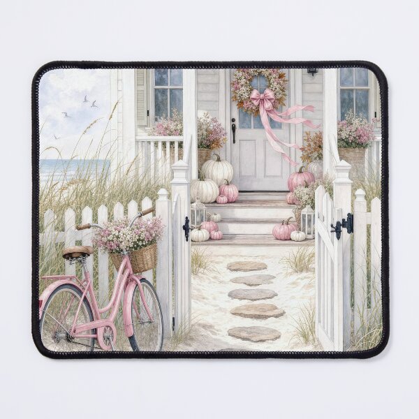 Item preview, White Beach Cottage with Pink Autumn Pumpkins designed and sold by Maria Dryfhout.