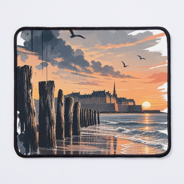 Item preview, Painted Saint-Malo print with ocean pool silhouette on sunset designed and sold by Art of Sun.