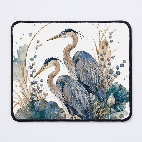 Item preview, Blue Heron Pair Lotus Watercolor Art designed and sold by Gold Turtle Lina.