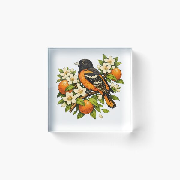 Item preview, Baltimore oriole among orange blossoms designed and sold by Daily Quirk.