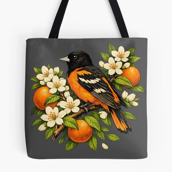 Item preview, Baltimore oriole among orange blossoms designed and sold by Daily Quirk.