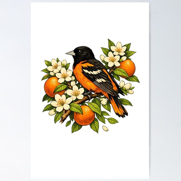 Artikelvorschau, Baltimore-Oriole zwischen Orangenblüten entworfen und verkauft von Daily Quirk.