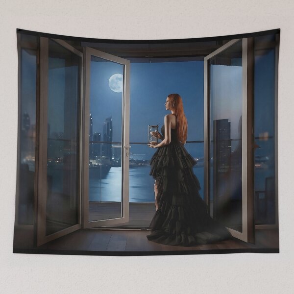 Item preview, Ethereal Woman Gazing at Full Moon from Luxury Balcony designed and sold by AfresStudio.