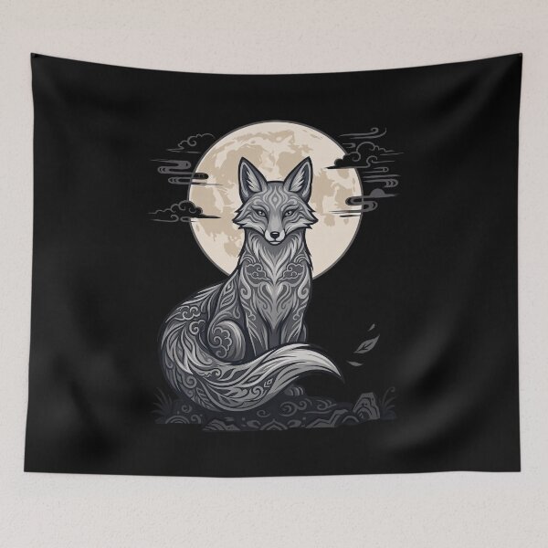 Item preview, Moonlit Grey Fox Spirit Japanese Aesthetic Artwork designed and sold by LinaValearte.