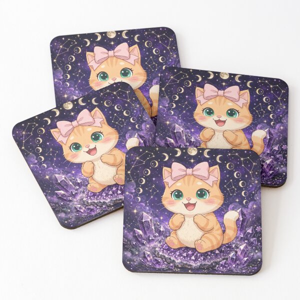 Item preview, Celestial Cat on Amethyst Crystals Moon Phases designed and sold by Luna's World - Moody Vibes Studio.