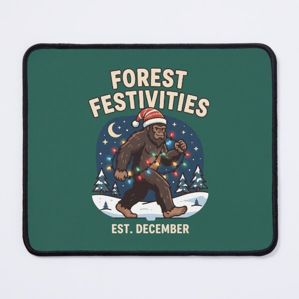 Item preview, Bigfoot holiday lights at a forest festival, wearing a Santa hat. designed and sold by MyHappyArtShop.