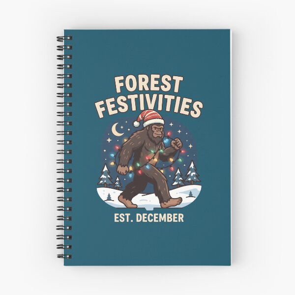 Item preview, Bigfoot holiday lights at a forest festival, wearing a Santa hat. designed and sold by MyHappyArtShop.