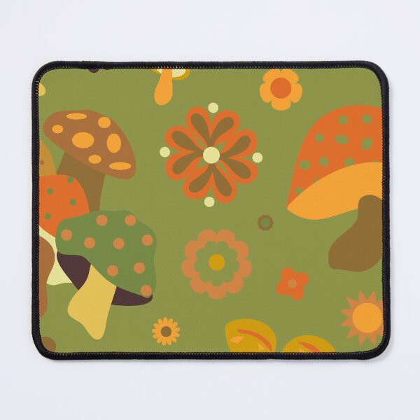 Item preview, 70's Kitschy Mushrooms + Daisy Floral in Avocado + Rust designed and sold by YesterdayColl.