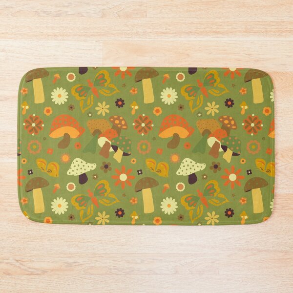 Item preview, 70's Kitschy Mushrooms + Daisy Floral in Avocado + Rust designed and sold by YesterdayColl.