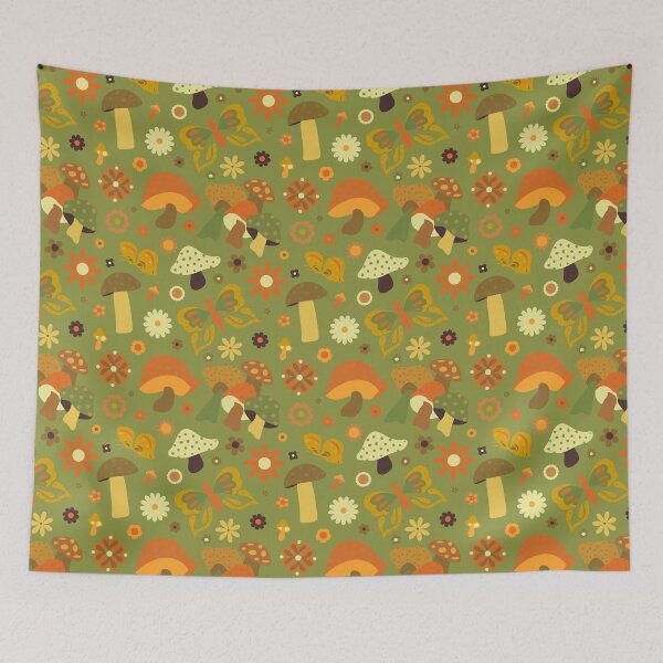 Item preview, 70's Kitschy Mushrooms + Daisy Floral in Avocado + Rust designed and sold by YesterdayColl.