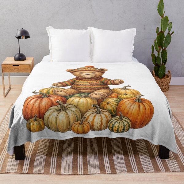 Item preview, Cute little autumn bear sitting in a pumpkin field designed and sold by VibranPalette.