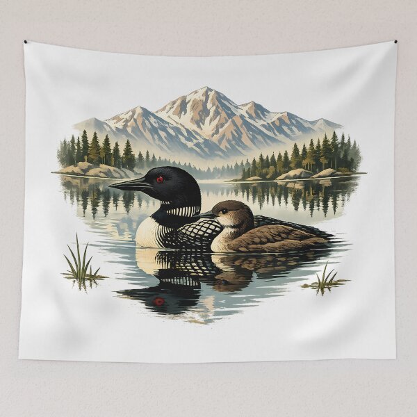Item preview, Common loon in a mountain lake that reflects the landscape. designed and sold by Daily Quirk.