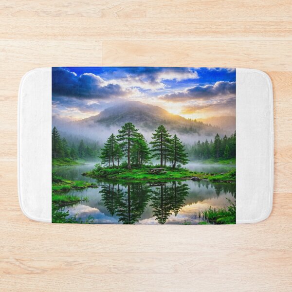 Item preview, Mountain Lake Sunset Nature Landscape Pine Forest Reflection designed and sold by Vibrant Magical Shop.