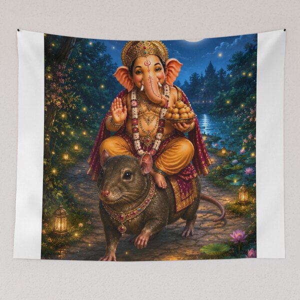 Item preview, The Divine Ride – Lord Ganesha Riding Mushika Under the Moon | Hindu Mythology AI Art Print designed and sold by Homyar.