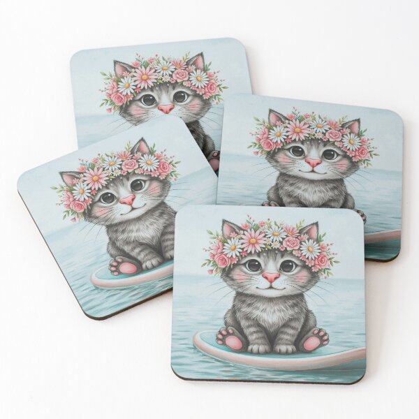 Item preview, Cute Flower Crown Kitten on Surfboard designed and sold by CorwinMina.