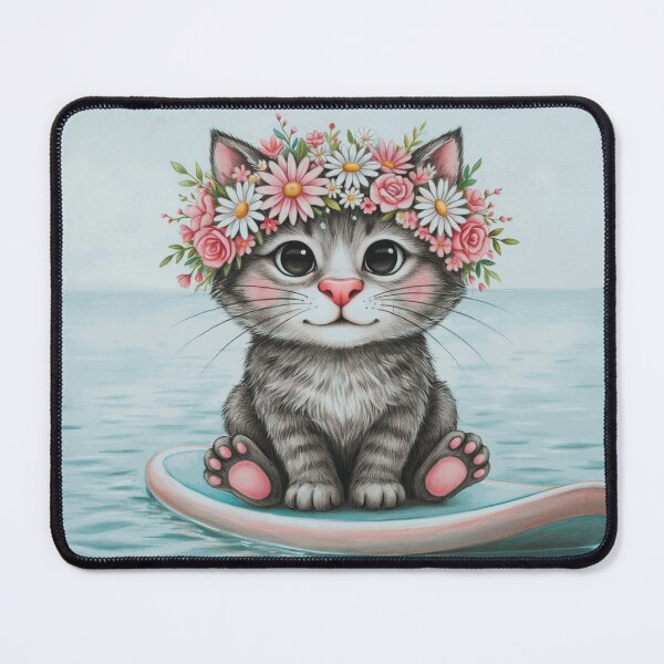 Item preview, Cute Flower Crown Kitten on Surfboard designed and sold by CorwinMina.