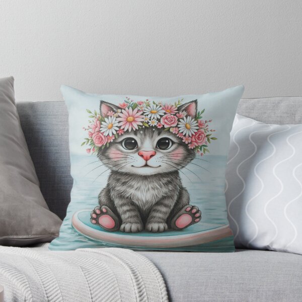 Item preview, Cute Flower Crown Kitten on Surfboard designed and sold by CorwinMina.