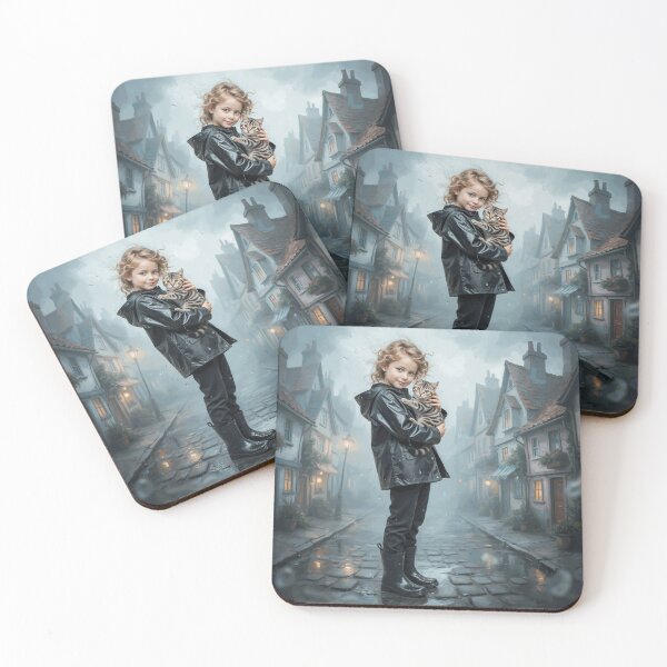 Item preview, Little Girl Holding Kitten on Rainy Village Street designed and sold by CorwinMina.