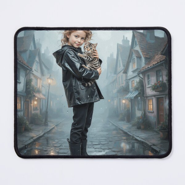 Item preview, Little Girl Holding Kitten on Rainy Village Street designed and sold by CorwinMina.