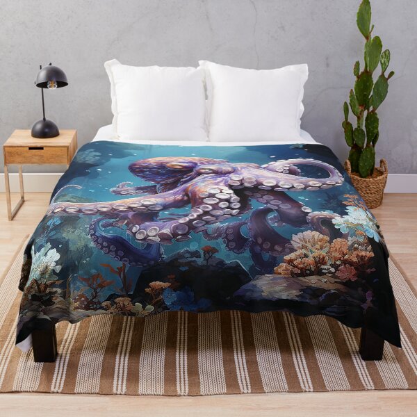 Item preview, Tentacle Sanctuary - Octopus Swimming In A Deep Blue Sea - Watercolor Art - Ocean Art designed and sold by CastleBySea.