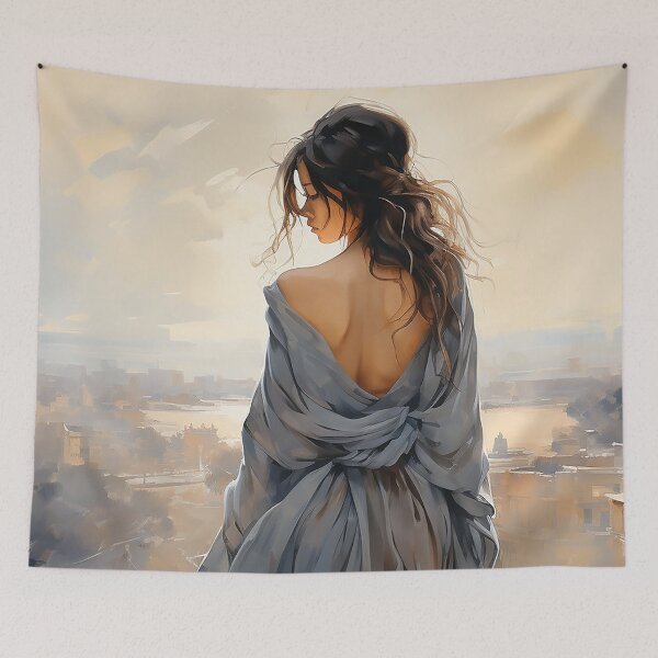 Item preview, Panoramic Peace - A Woman Draped In Sheets Overlooking A Village - Contemporary Art - Watercolor Art designed and sold by CastleBySea.