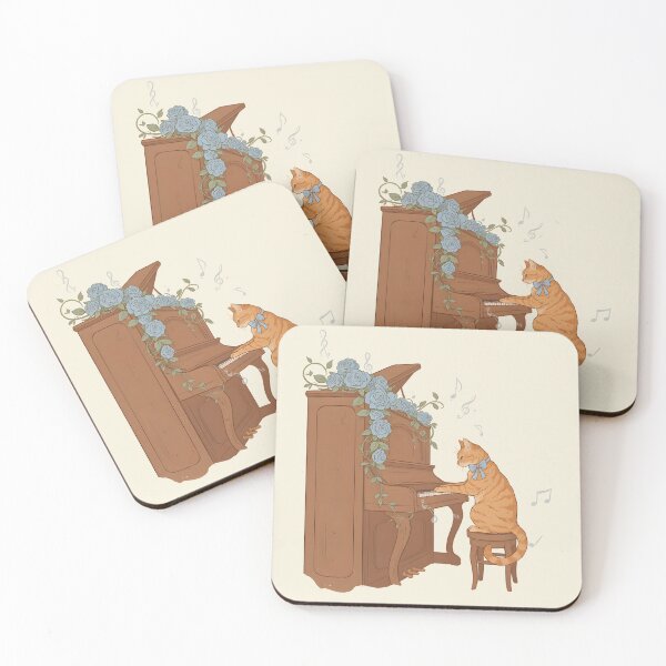 Item preview, Orange Cat Playing Piano Blue Flowers designed and sold by chillaxcats.