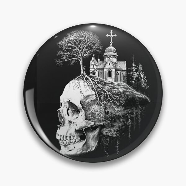 Item preview, Gothic Skull Church and Tree Roots Dark Memento Mori Art Design Print designed and sold by inkoutninja.