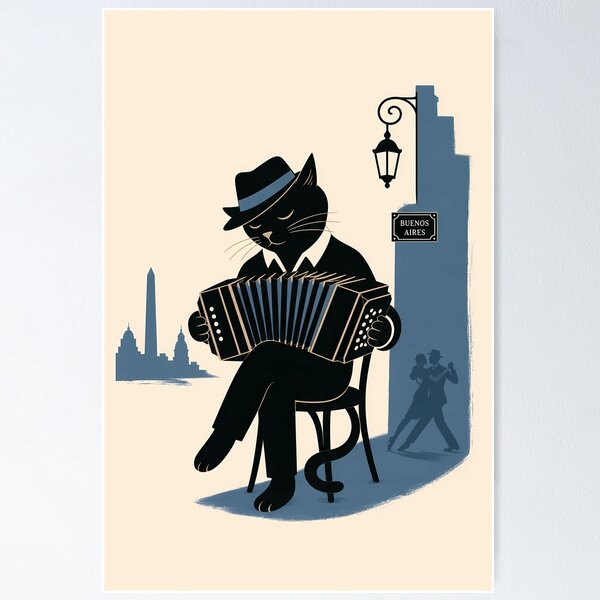Item preview, Argentine Cat Bandoneon Buenos Aires Vintage Art designed and sold by Wandered North.