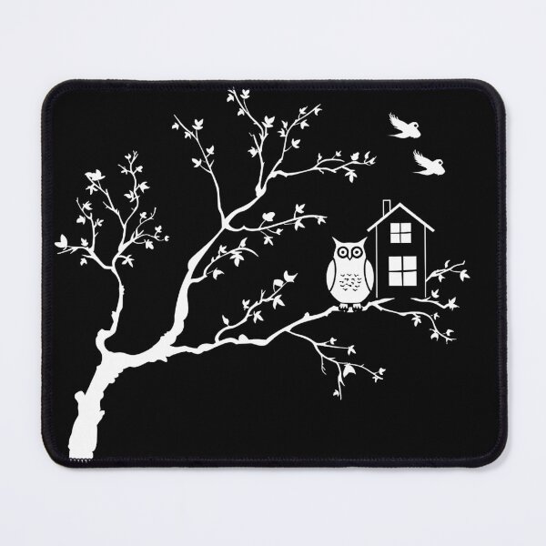 Item preview, Whimsical Owl Tree Cottage Black and White Woodland Silhouette Design designed and sold by inkoutninja.