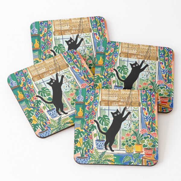 Item preview, Playful Black Cat Swiping Window Cord Matisse Style Art Print designed and sold by DuckOddity.