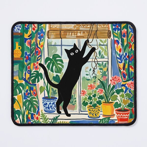Item preview, Playful Black Cat Swiping Window Cord Matisse Style Art Print designed and sold by DuckOddity.