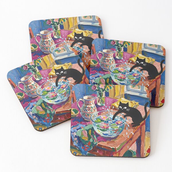 Item preview, Sneaky Black Cat Splashing Water Bowl Matisse Style Wall Art designed and sold by DuckOddity.